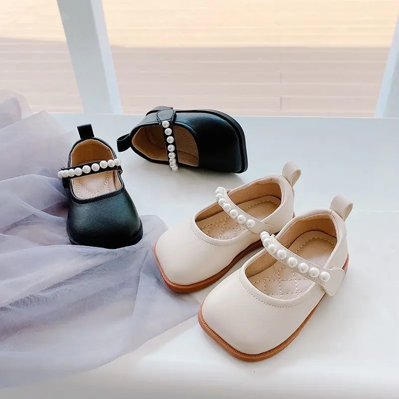

Cute Girl Square Toe Japanese Baby First Walker Shoes Pearl Simple Anti-slip Children Fashion Shallow Spring and Autumn New 2023