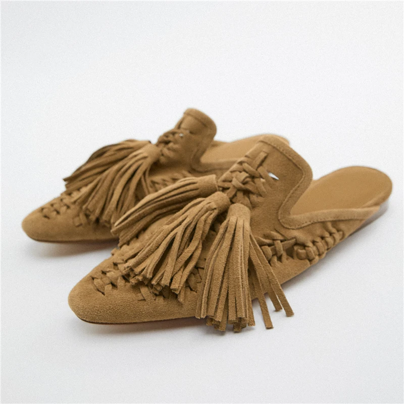 

Retro Fringed Women Slippers Knitted Hollow Out Flat Shoe Summer Beach Slides Casual Tassels Lazy Mules Ladies Gladiator Sandals