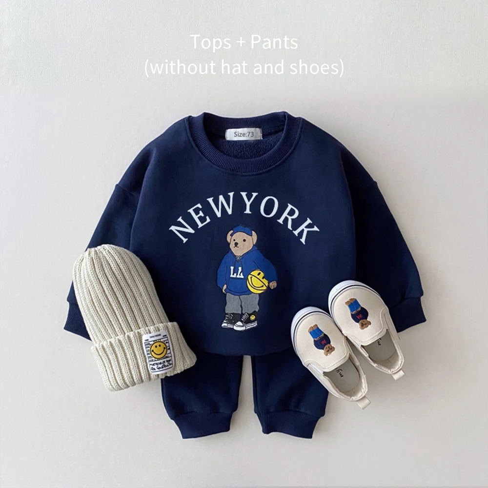 Baby Outfits Newborn Spring Autumn 2PCS Baby 0-4Y Cotton Thick Long Sleeves+Pants Bear Boys Girls Printed Clothes Warmth Set Children