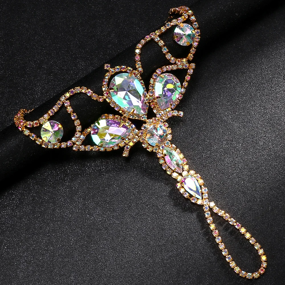 Shiny AB Rhinestone Drop Finger Bracelet Chain for Women Oversize Accessories Exaggerated Belly Dance Crystal Head Jewelry crystal bracelet