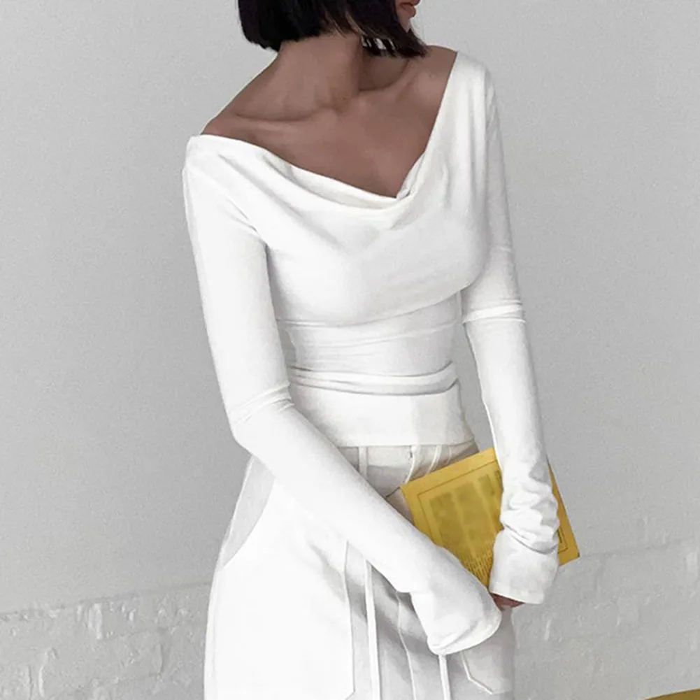 

Sexy Ladies Long Sleeve Off Shoulder T-shirts Solid Color Casual Slim Cropped T Shirt For Women Lace-Up Backless Tops