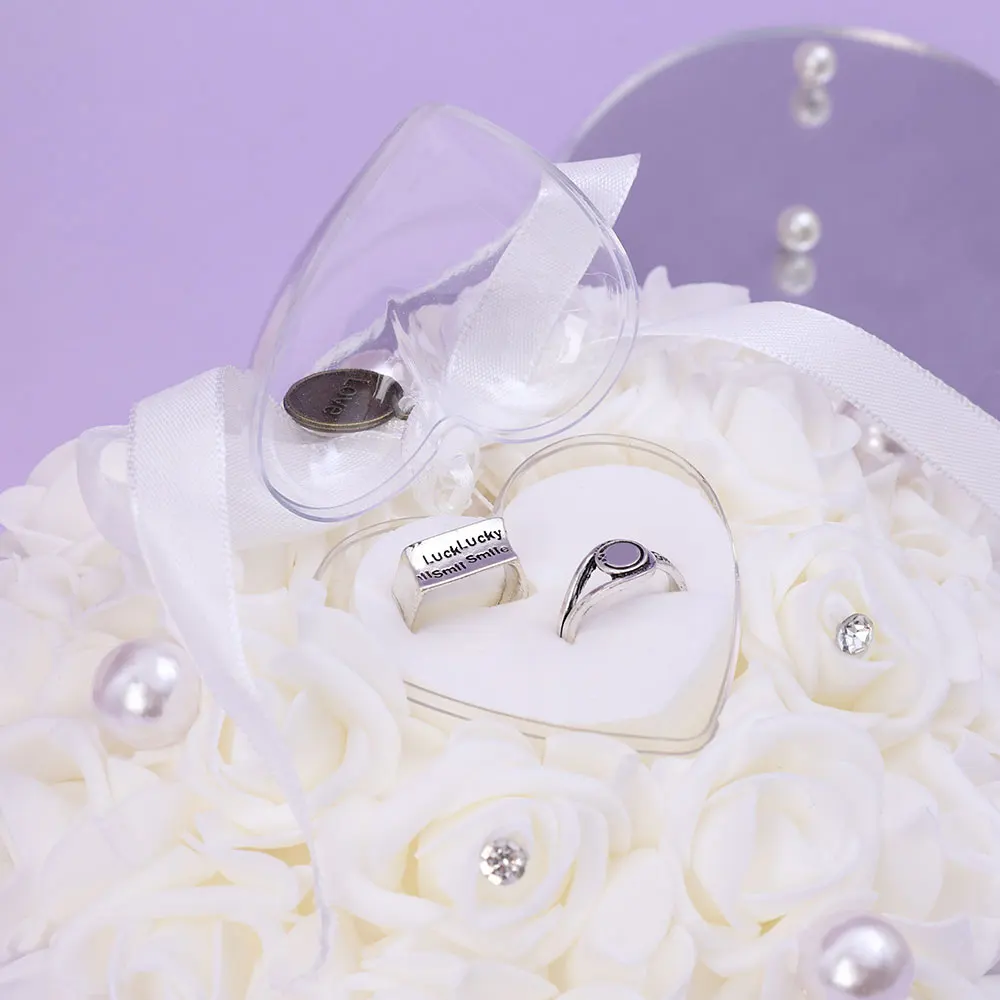 Romantische Bruiloft Ivoor Satin Kristal Ringkussen Kussen Ring Kussen Hart Vorm Voor Engagement Voorstellen Huwelijk Decor