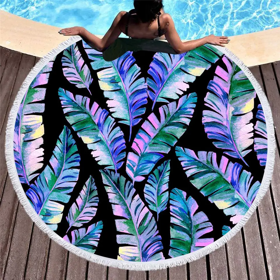 RosieLily Thick Round Beach Towel Blanket - 60 Inch Microfiber Leaf Design, Super Absorbent For Pool, Beach, Picnic