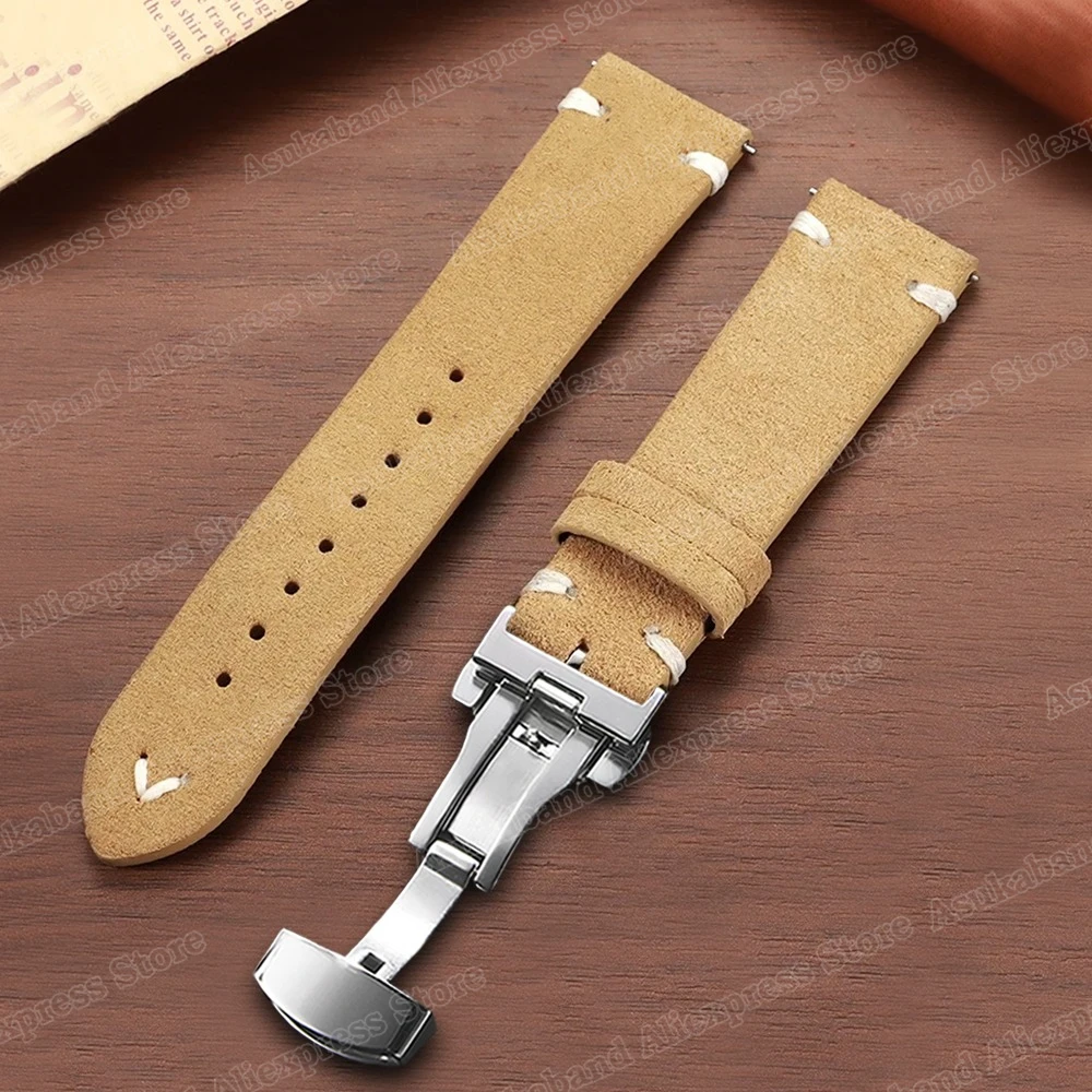 Quick Release Suede Stitching Genuine Leather Watch Band with Butterfly Buckle - Men's Straps
