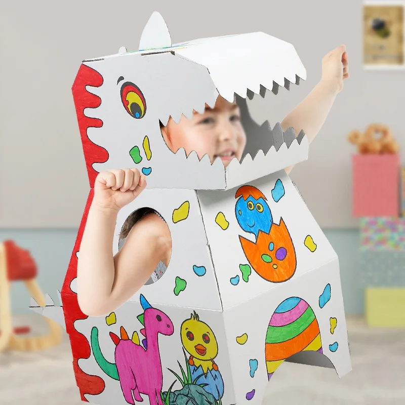 Children's Wearable Dinosaur DIY Assembled Corrugated Paper Three-dimensional Animal Hand-painted Kindergarten Toys children s puzzle magnetic book educat engineering fire car animal dinosaur princess early educat excavator refrigerator magnets