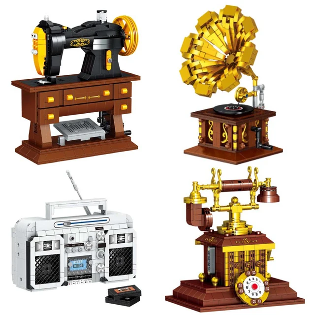 Retro Nostalgia Mini Phonograph Sewing Machine Gramophone Simulation Radio Model Creative Building Block Set Toys for Kids Gifts 1