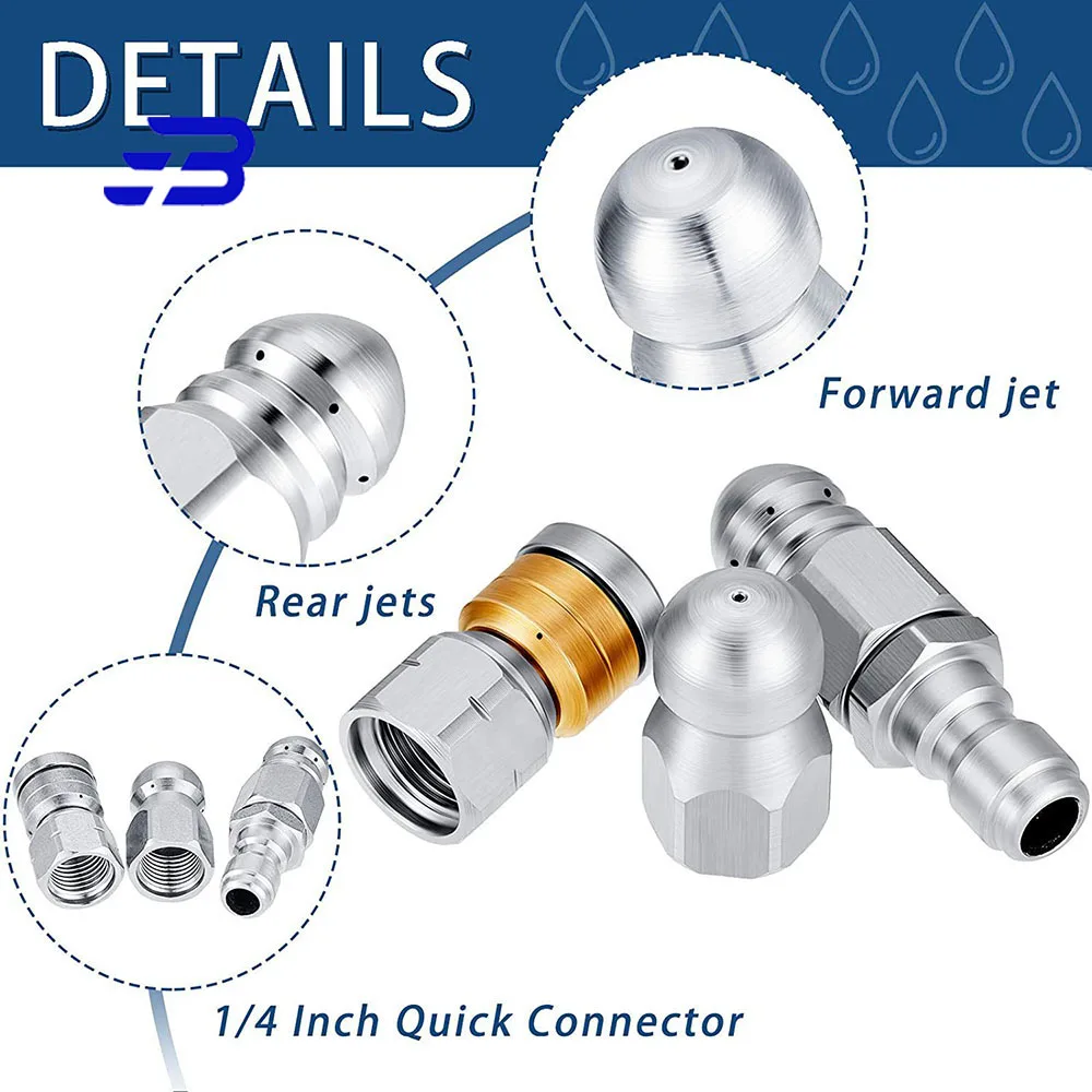 Buse De Nettoyage Tuyaux Égout Haute Pression G1/4 - Acier Inox 1 Jet Avant 6 Jets Arrière