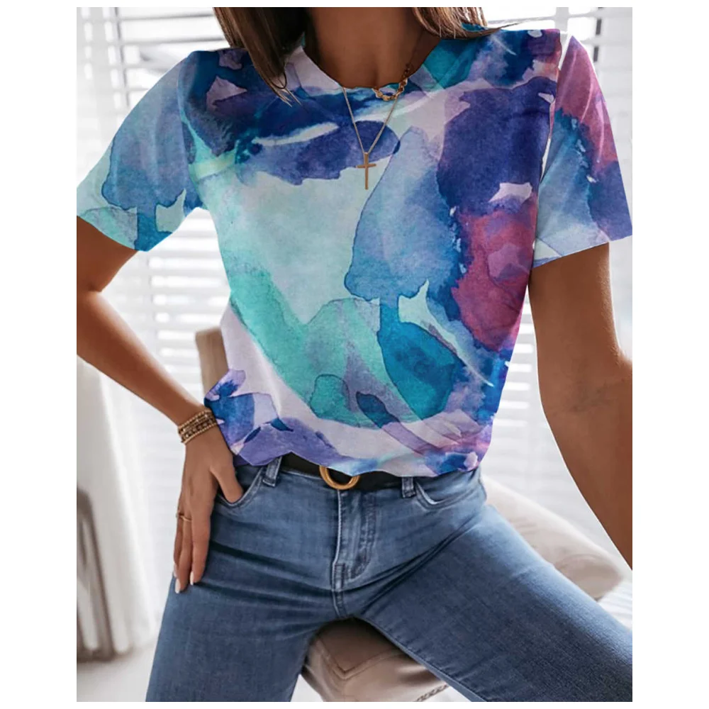 

2024 Summer Women's Fragmented Blossom Top Versatile Daily O-neck T-shirt Short sleeved Loose Pullover T-shirt Women's Clothing