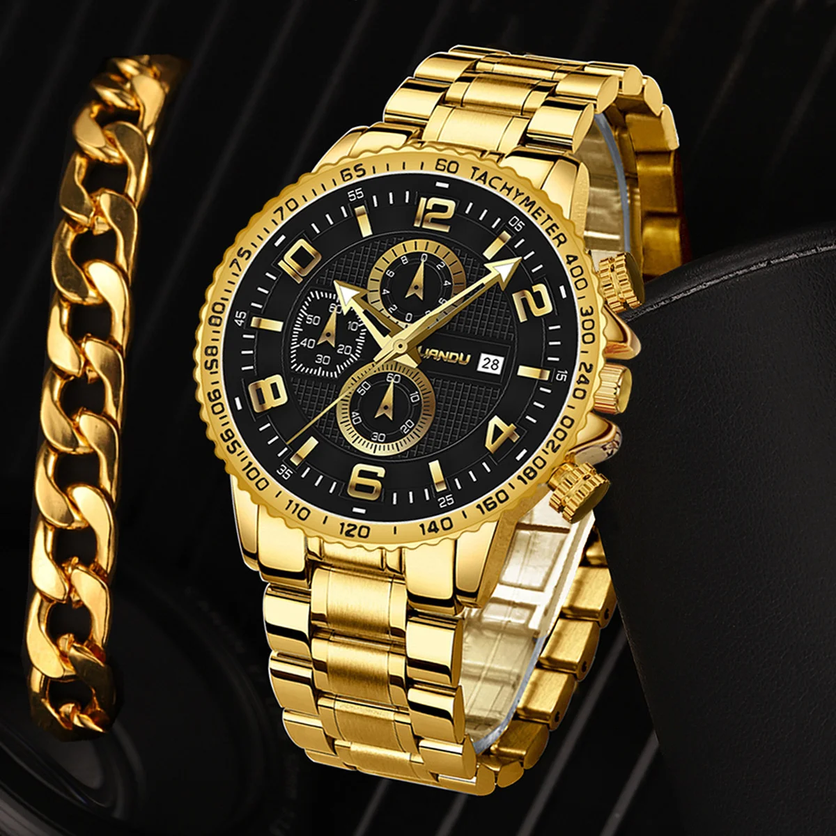 2pcsMensWatchBraceletSetLuxuryGoldTopBrandFashionCasualWatch