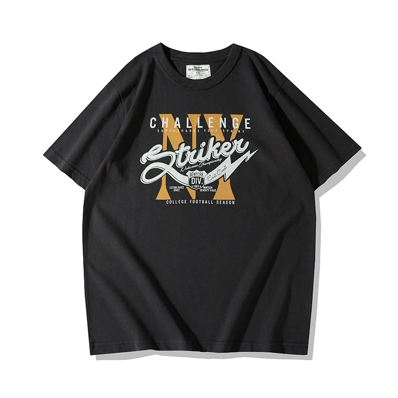 eOKONWKO 210g Europe Thick Round Neck T-shirt NY College Style Printed TEE Outdoor Camping Training Climbing Travel Half Sleeve