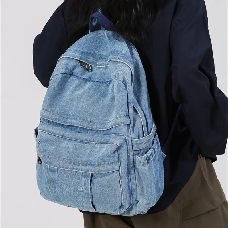 LEFTSIDE Women's 2024 Korean Fashion Big Denim Backpack Student