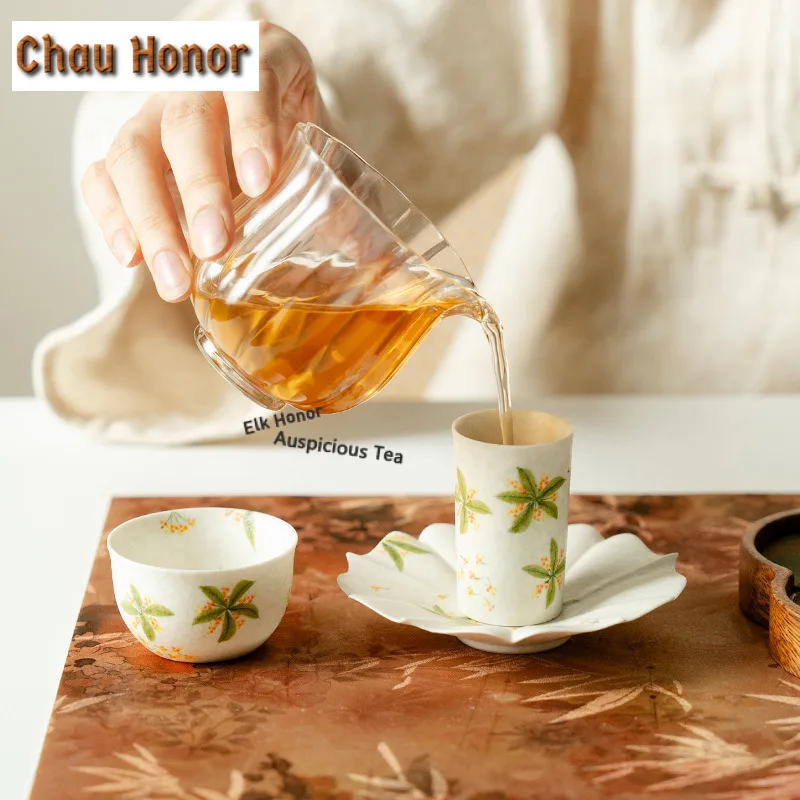 3pc/set Hand-painted Osmanthus Teacup Saucer Set Bowl For Tea-tasting Snifter Cup Kit Meditation Cup Jianzhan Master Cups Teaset
