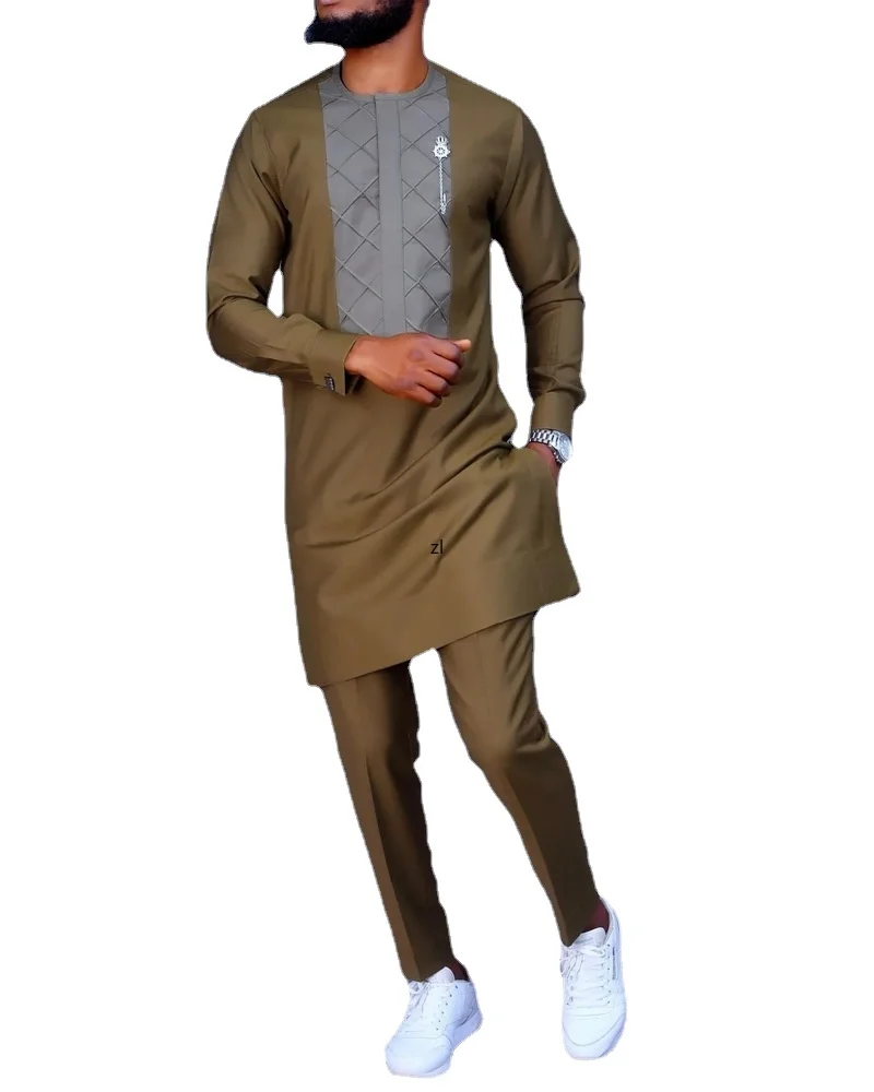 2022 African Men's Shirt Plaid Stitching Islam Abaya Fashion Mid-length Crew Neck Tops Muslim Clothing Summer Dashiki T-shirt