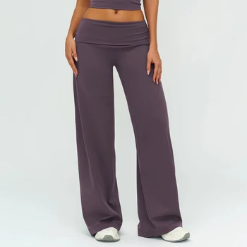 Woolen Women's Casual Loose Straight Yoga Pants Folded High Waist Slim Loose Wide Leg Leggings Outdoor Running Workout Clothes 1