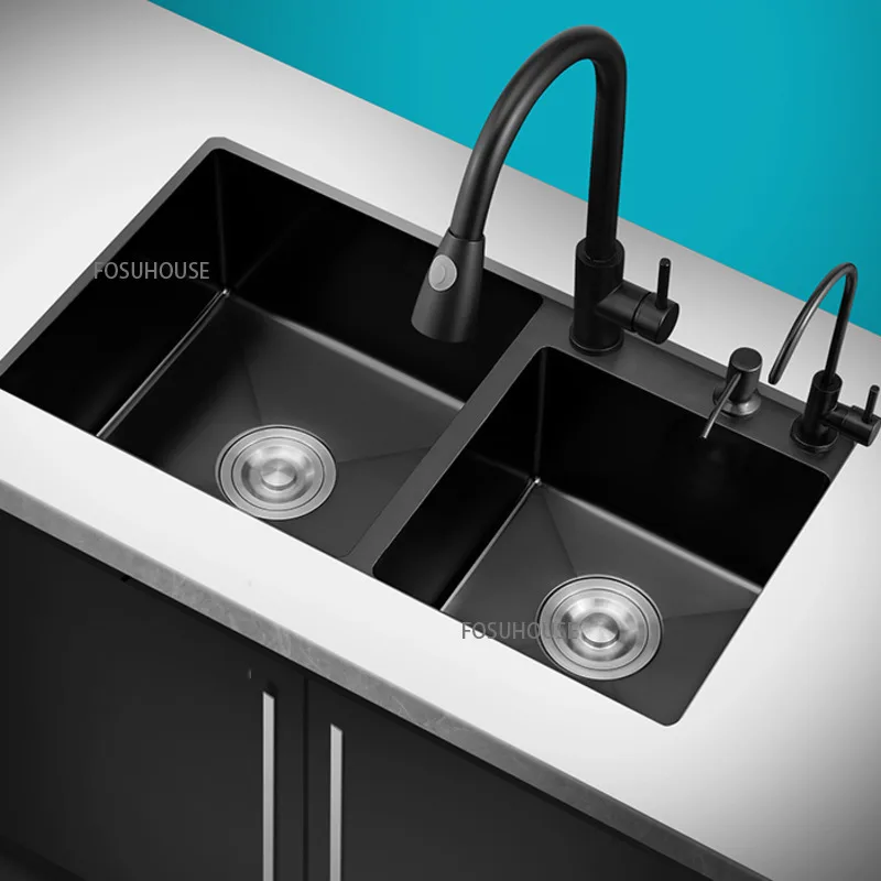 Household Black Nano Sink Double Kitchen 304 Stainless Steel Dish Washing Basin Faucet Accessories Set Fixtures |
