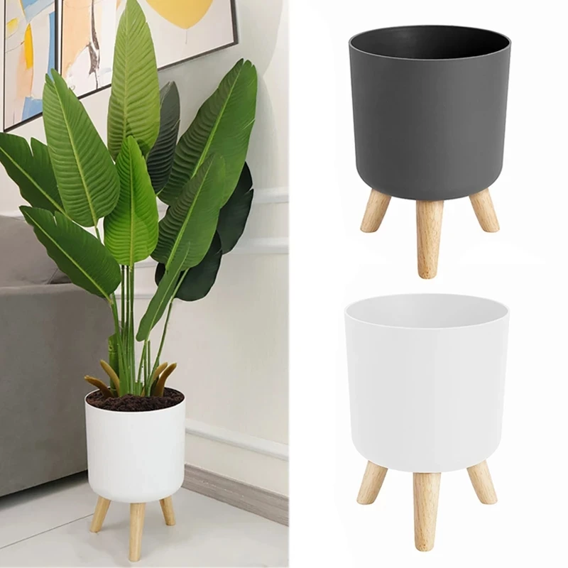 

Modern Plant Pots with Wooden Legs Holder Bedroom Living Room Floor Standing Potted Flower Pot Home Garden Planters -1