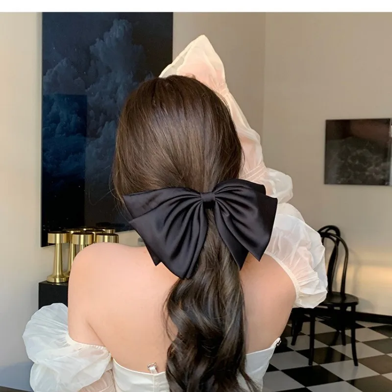 

Elegant Satin Silk Large Bow Hair Clips Barrettes Women Girls Solid Black Ribbon Big Bowknot Hairpins Hair Accessories Fashion
