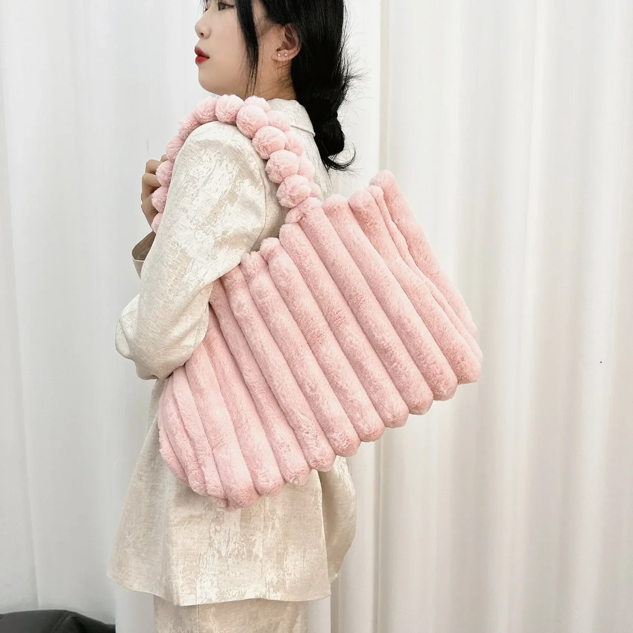 Autumn Winter Plush Fleece Handbag Women's Retro Trendy Solid Shoulder Bags Large Capacity Tote Bags Girls Ladies Shopper Bag