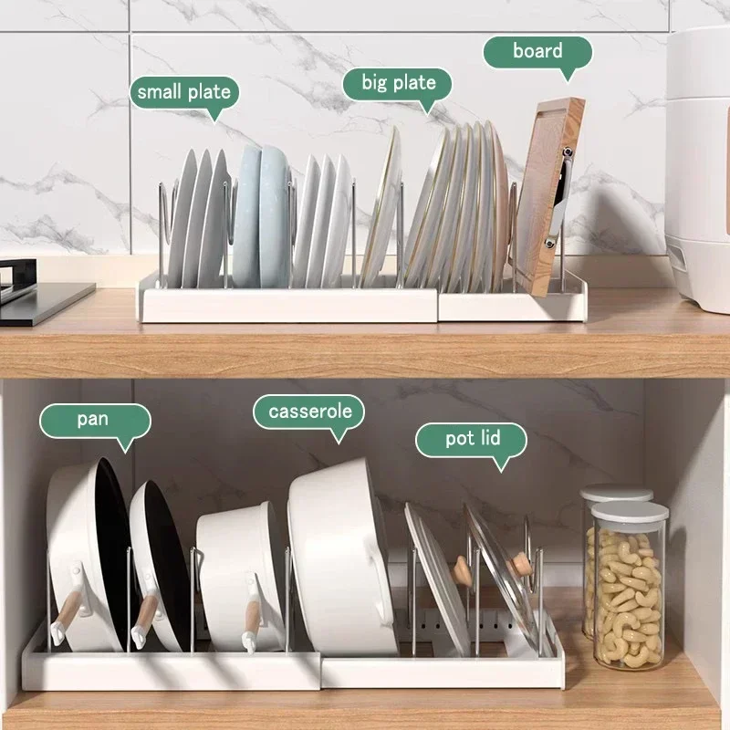 Expandable Dish Rack Pans Organizer Rack Adjustable Compartments Dish Storage Rack Pot Lid Organizer Kitchen Utensils Rack 4