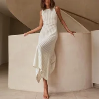 2025 New Long Women's Solid Color Knit Hollow Round Neck Sleeveless Beach Coverup Dresses 1