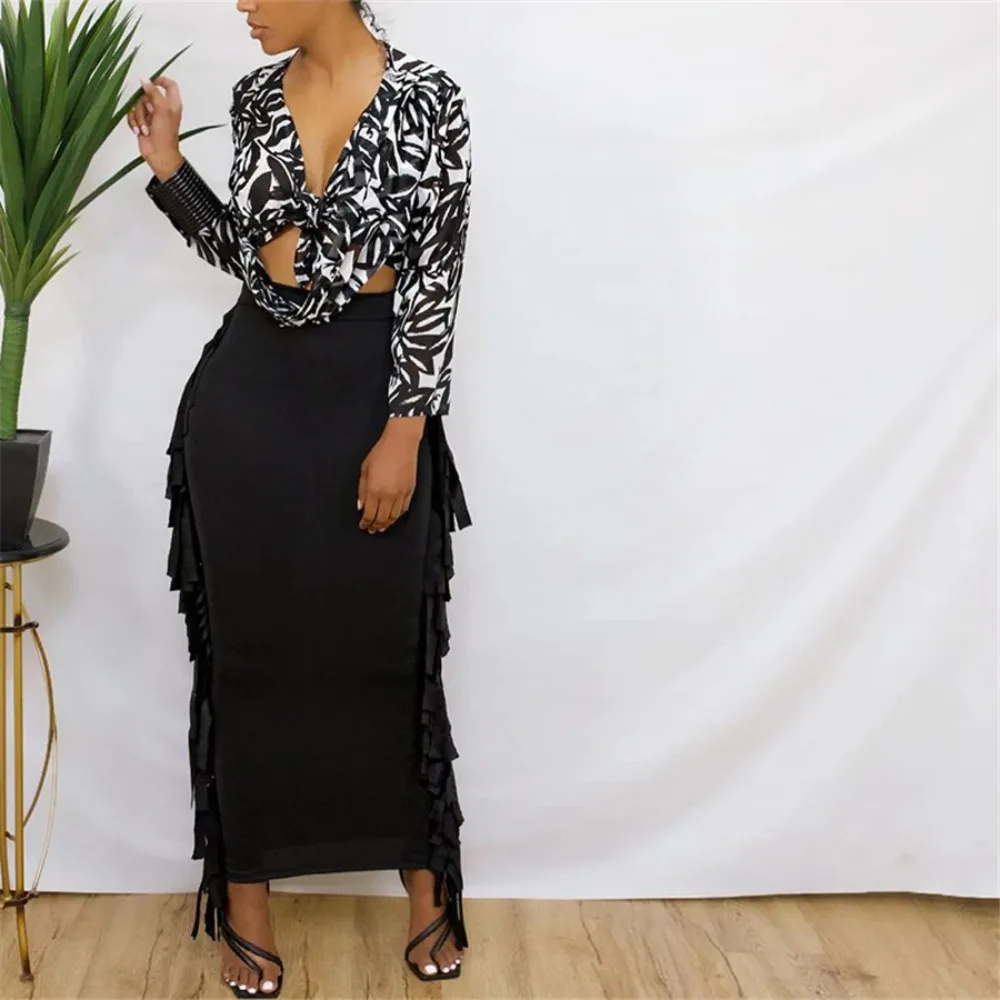 2024 Women Skirt Side Tassel High Waist Straight Skinny Stretch Elegant Trend Wild Casual Streetwear Outfits