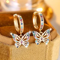 Cute Female Colorful Butterfly Round Zircon Stone Hoop Earrings Gold Color Unique Girlfriend Gifts Wedding Jewelry For Women 1