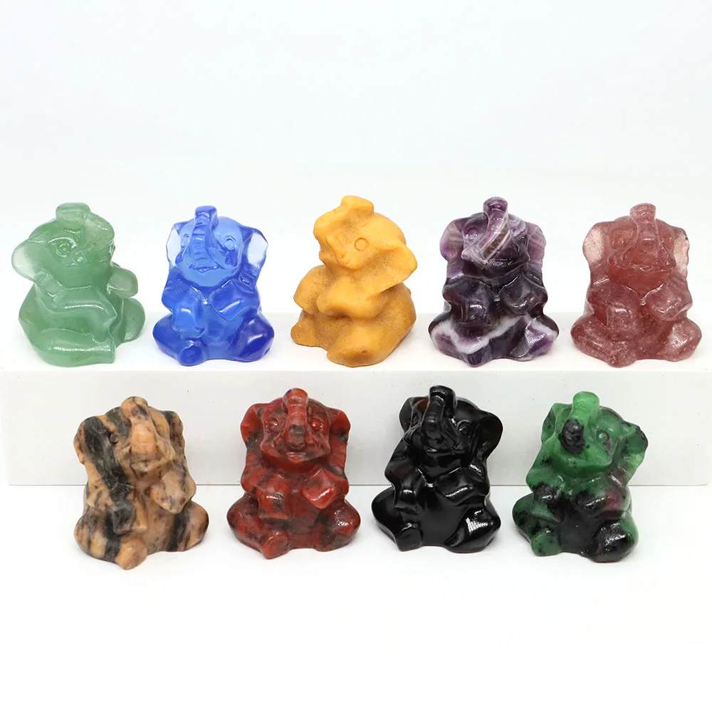 35mm Elephant Statue Natural Crystal Carving Animal Figurine Green Aventurine Rose Quartz Feng Shui Stone Crafts Home Decor Gift Animal Figurine