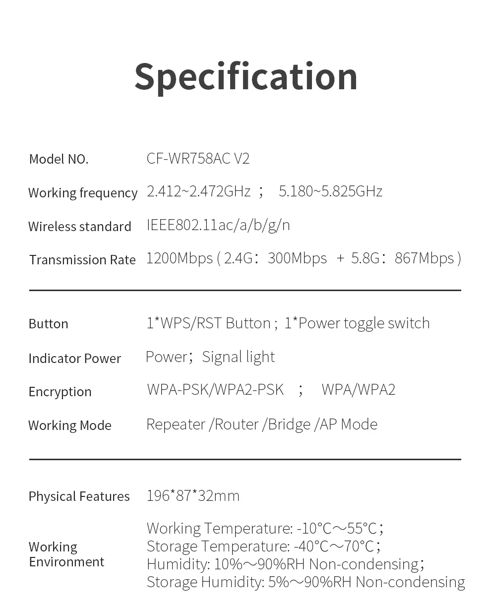 1200Mbps WiFi Repeater 2.4G&5G Smart OLED Display Dual Band Wireless Extender Signal Wi-Fi Range Amplifier CF-WR760AC