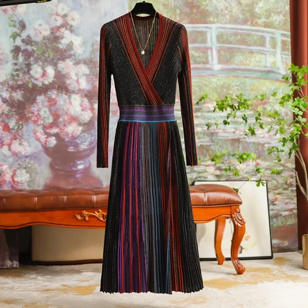 

Knitwear Striped Printed Metallic Line Temperament High Waist V-Neck Long Slim Knit A-Line Women Dresses Elegant Formal Flexible