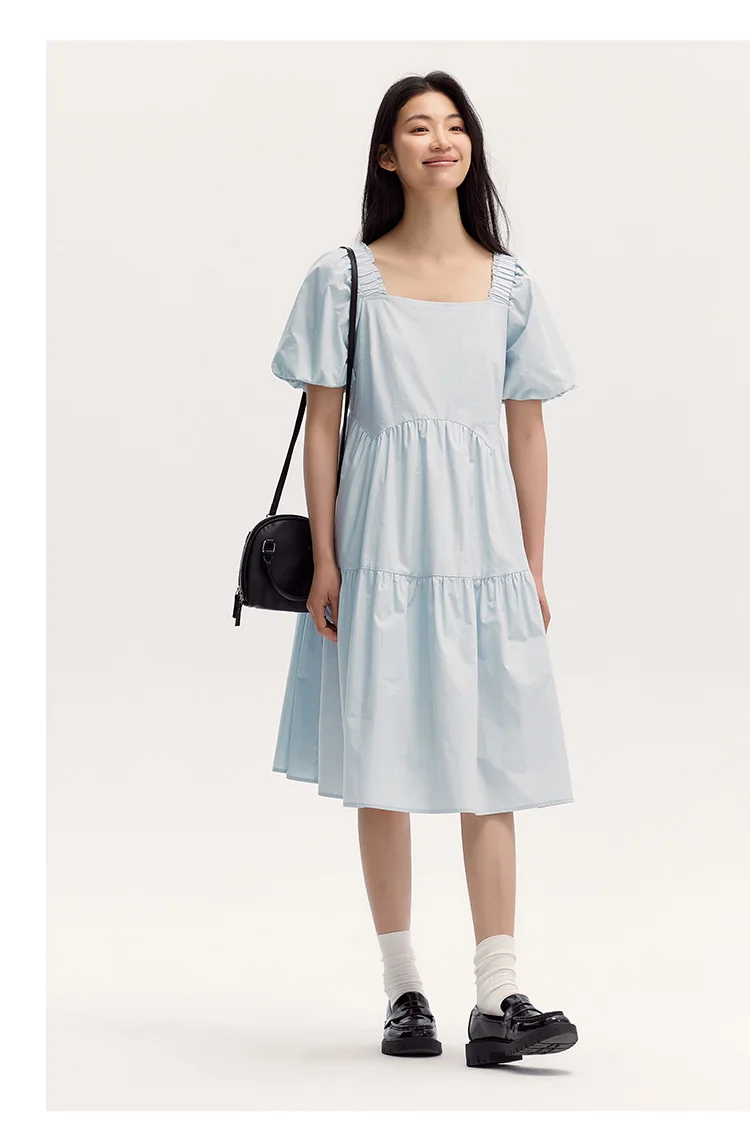 Dress Women Gentle And Feminine Style With Ruffled Trim And Square Neckline Summer New Bubble Sleeves Doll Dress