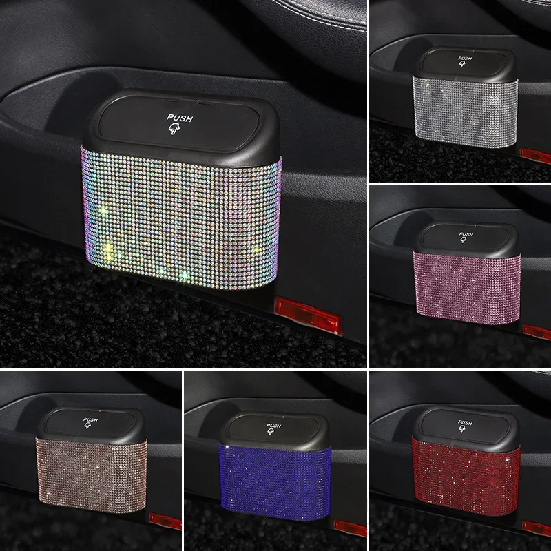 Diamond Crystal Car Trash Bin Hanging Vehicle Garbage Dust Case Storage Box Pressing Type Trash Can Auto Bling Accessories