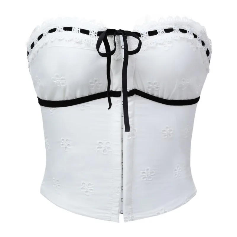 White Floral Embroidery Strapless Corset Black Bow Lace Trim Front Zip Slim Gothic Bustier Top
