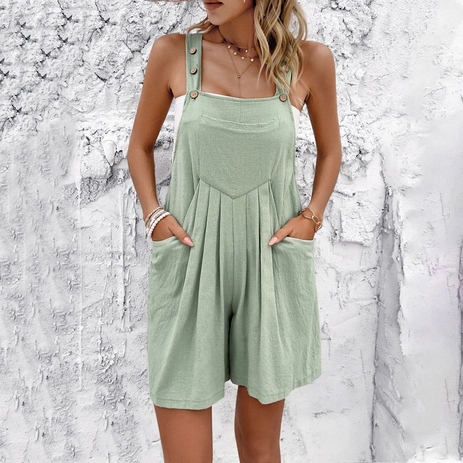 High Quality Women Clothing 2024 Spring Summer Casual Temperament Solid Shoulder Strap Shorts Jumpsuit Personality Cargo Pants