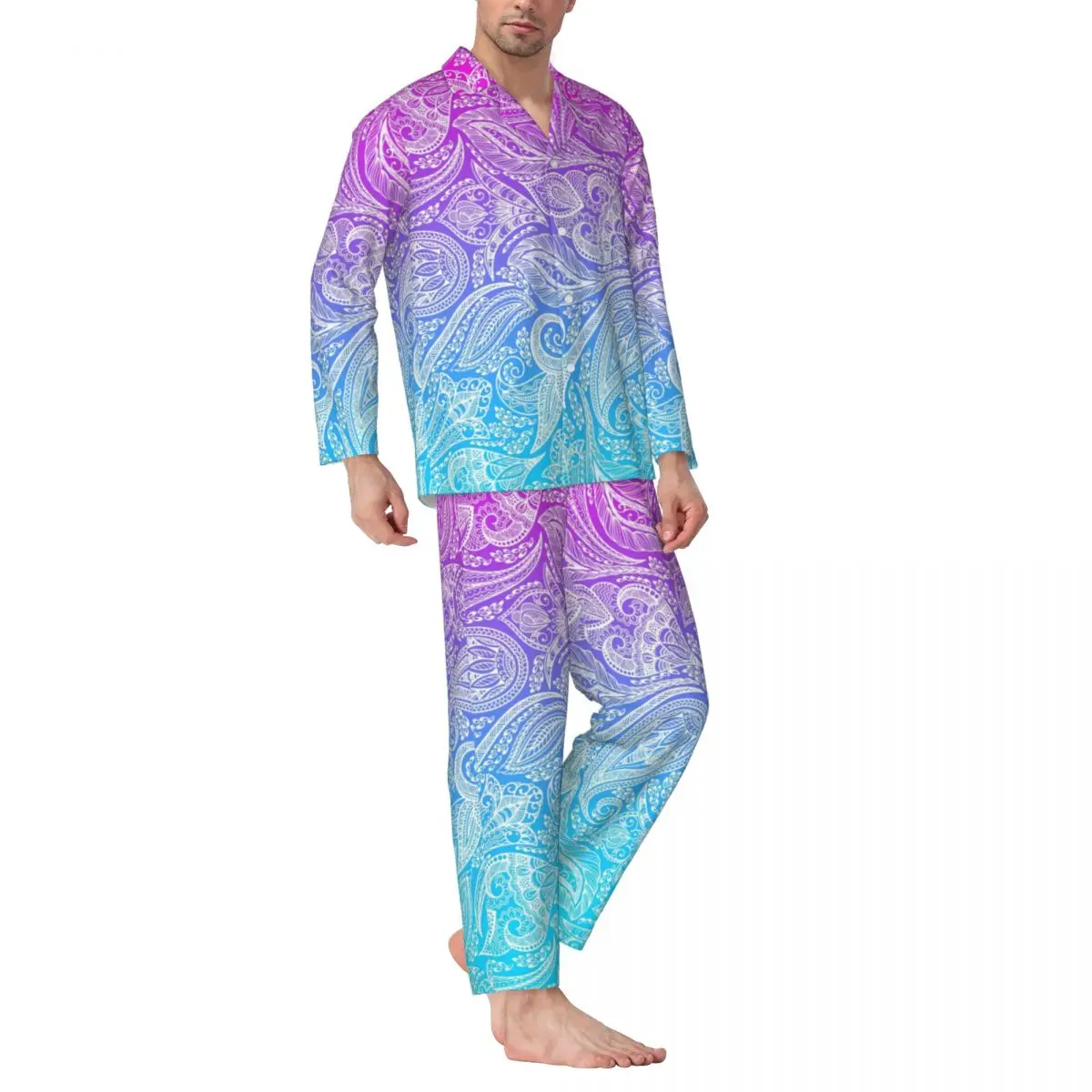 

Pajamas Men Pink To Blue Ombre Night Sleepwear White Floral Paisley 2 Pieces Casual Pajamas Set Long Sleeve Oversize Home Suit