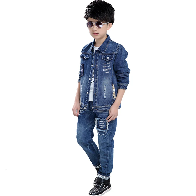 Fashion Teenage Boys Denim Clothes Set Autumn Children Jeans Coat and Pants Baby Cotton Sport Suits 10 12 Years New |