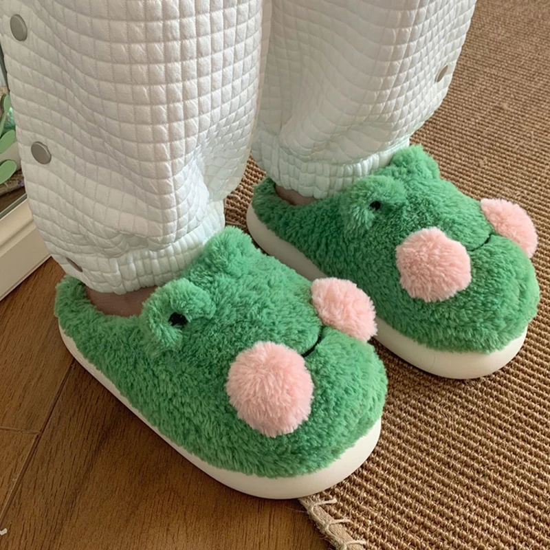 Antovo Winter Slippers Funny Lovely Frog Indoor Ladies Furry Slippers