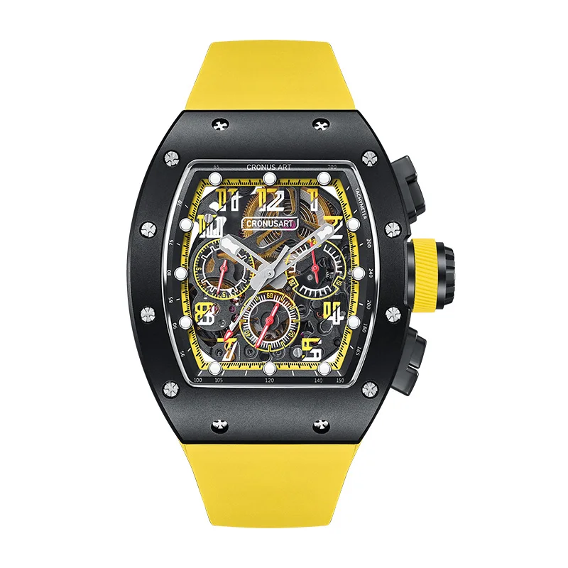 

CRONUSART Men Automatic Watch Chronograph Tonneau Luxury Mechanical Wristwatch Carbon Steel Case Fluororubber Strap Luminous