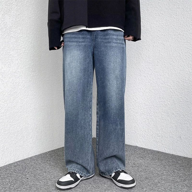 New Mens Wide Leg Jeans Baggy Fashion Oversized Elastic Waist Vintage Bleached Straight Denim PantsTrousers Male Str