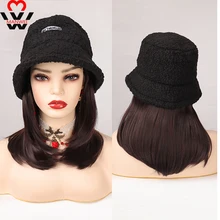 

MANWEI Synthetic wig Bucket Hat Hair Wig Black Brown Color Long Straight Hair Extension with Winter Warm Hat