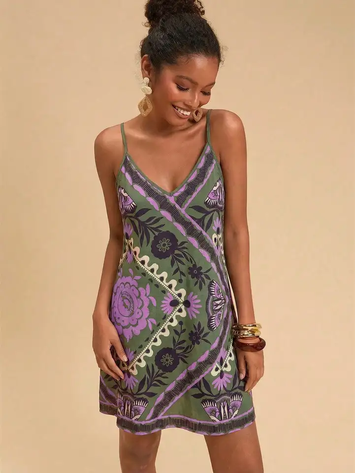 Floral Wrap Mini Dress Spaghetti Straps Summer Beach