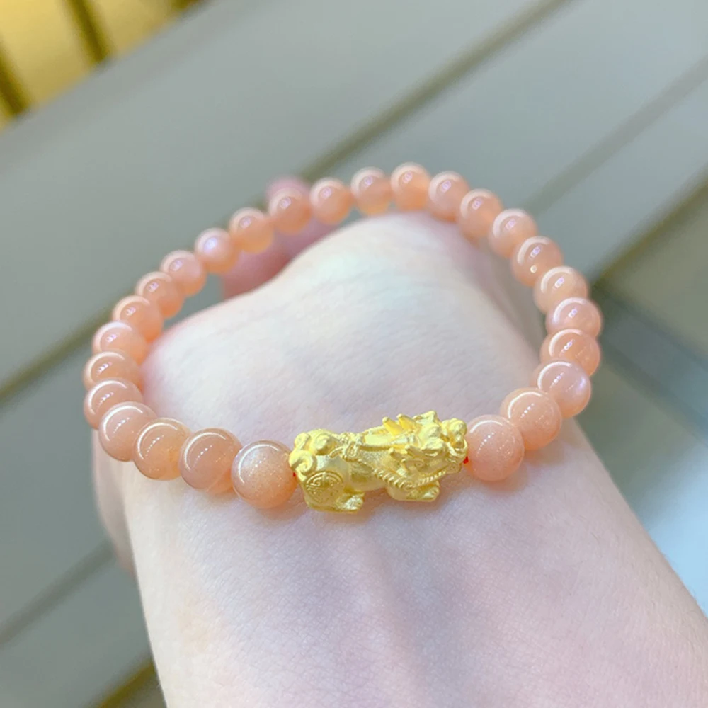 

Real 999 24K Yellow Gold 3D Lucky Coin Pixiu with Sunstone Beads Bracelet