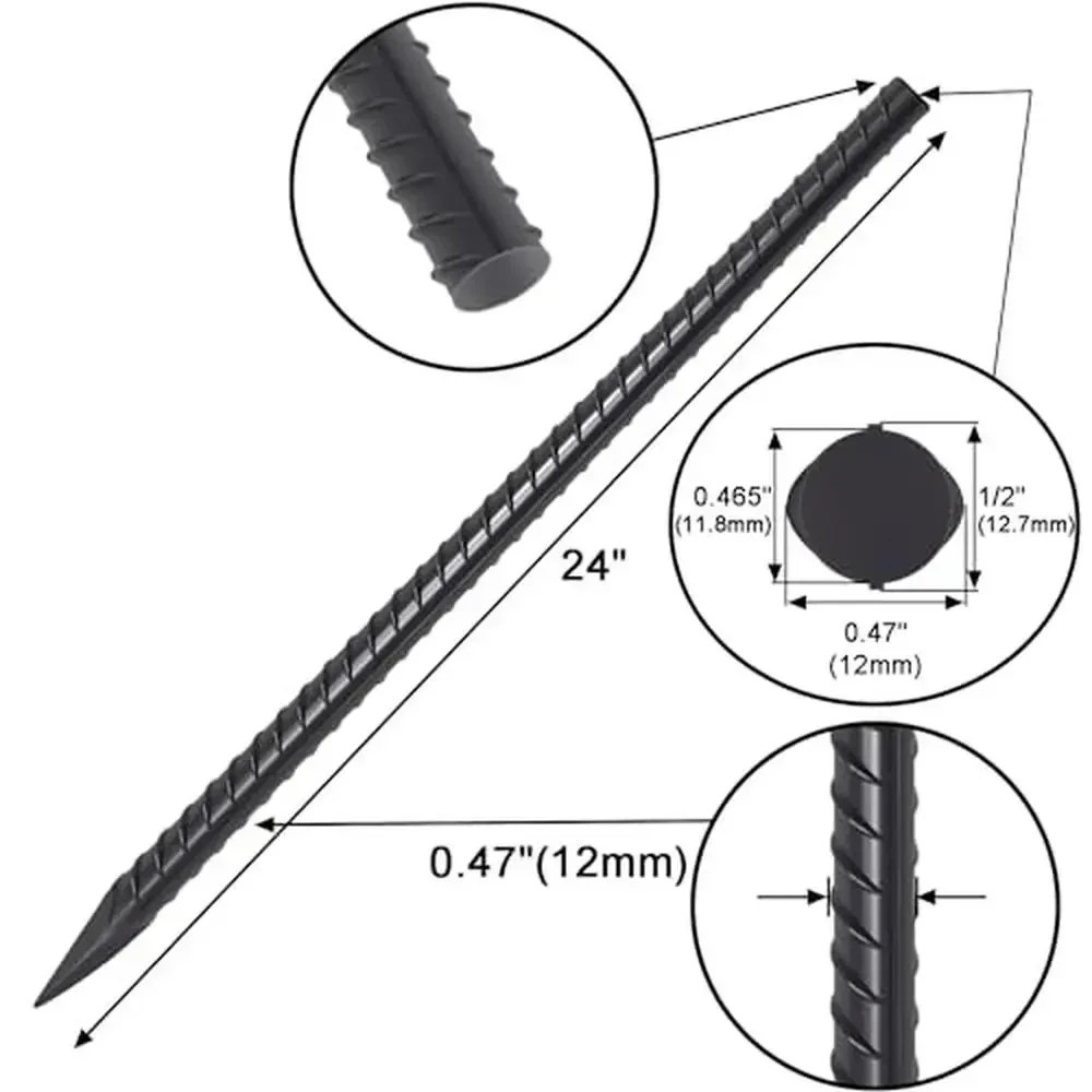 Steel Rebar Stakes 24" Landscape Timber Spikes 20 pcs Heavy Duty Concrete Forming Garden Plant Survey Markers Tent Stakes Black