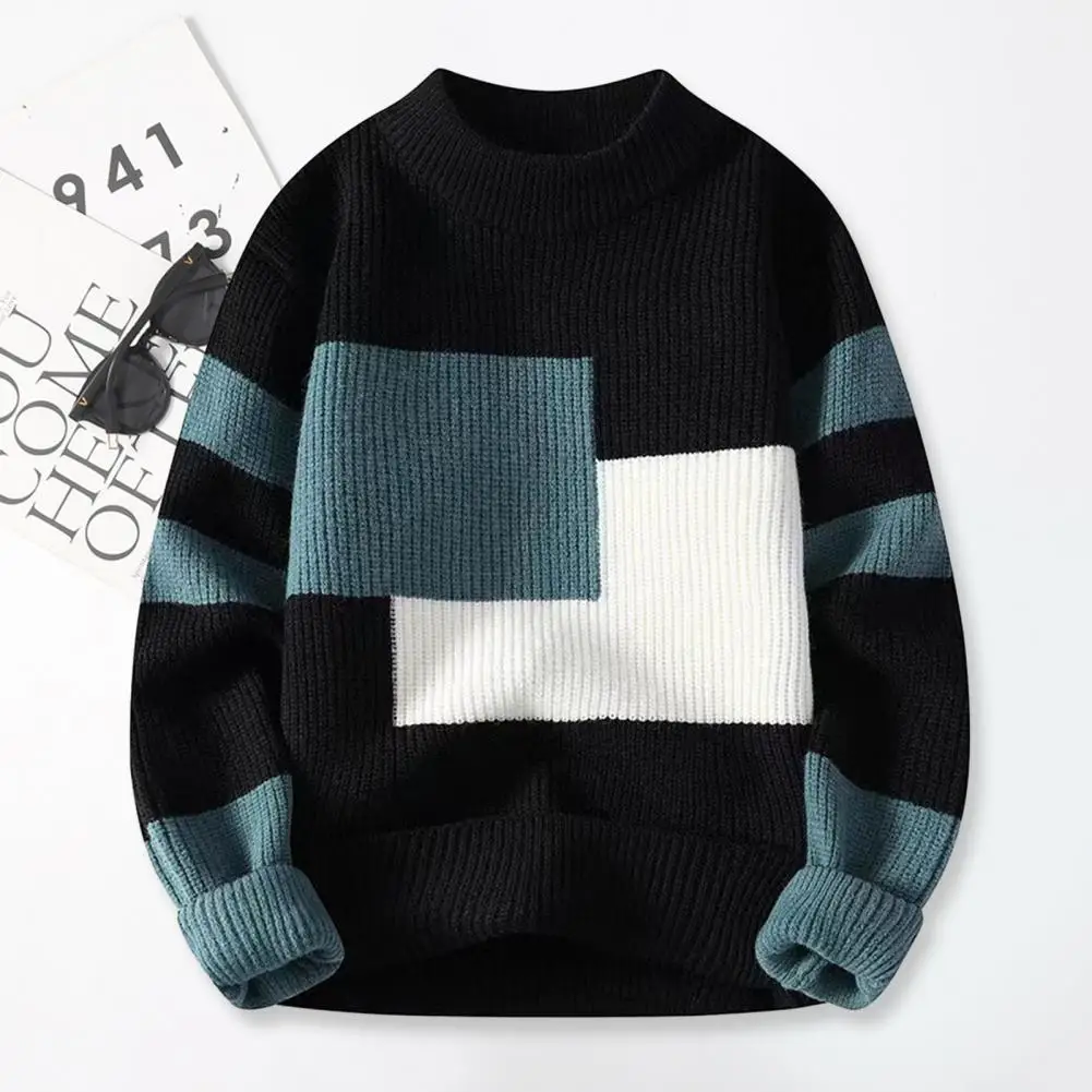 

Pullover Knitwear Round Neck Sweater Colorblock Knitted Men's Sweater for Fall Winter Thick Warm O Neck Pullover with Long