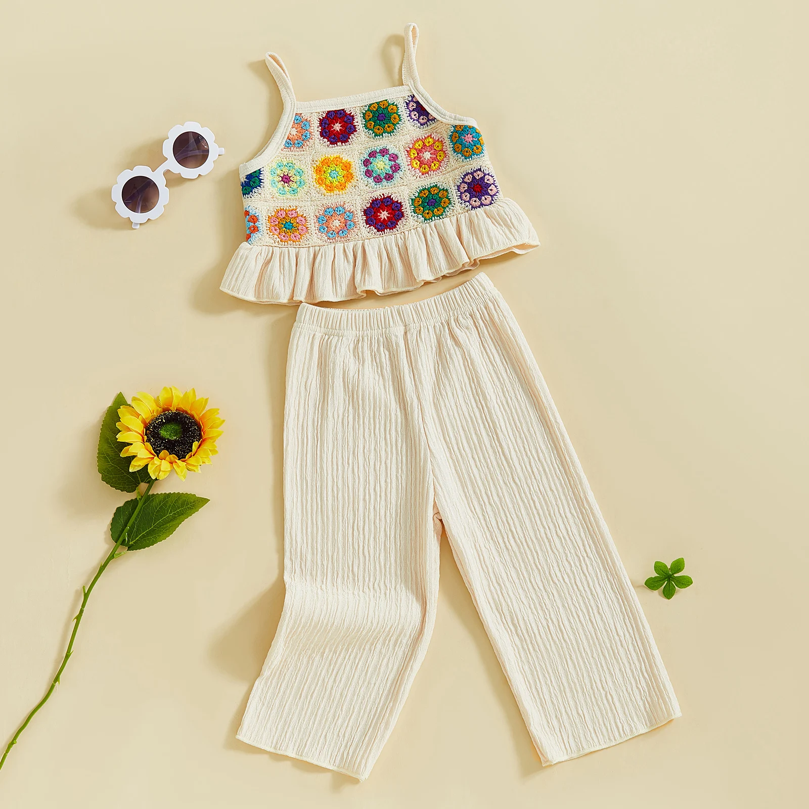 FOCUSNORM 0-4Y Little Kids Girls Clothes Sets Crocheted Flowers/Fruit Embroidery Ruffled Camisole and Elastic Pants