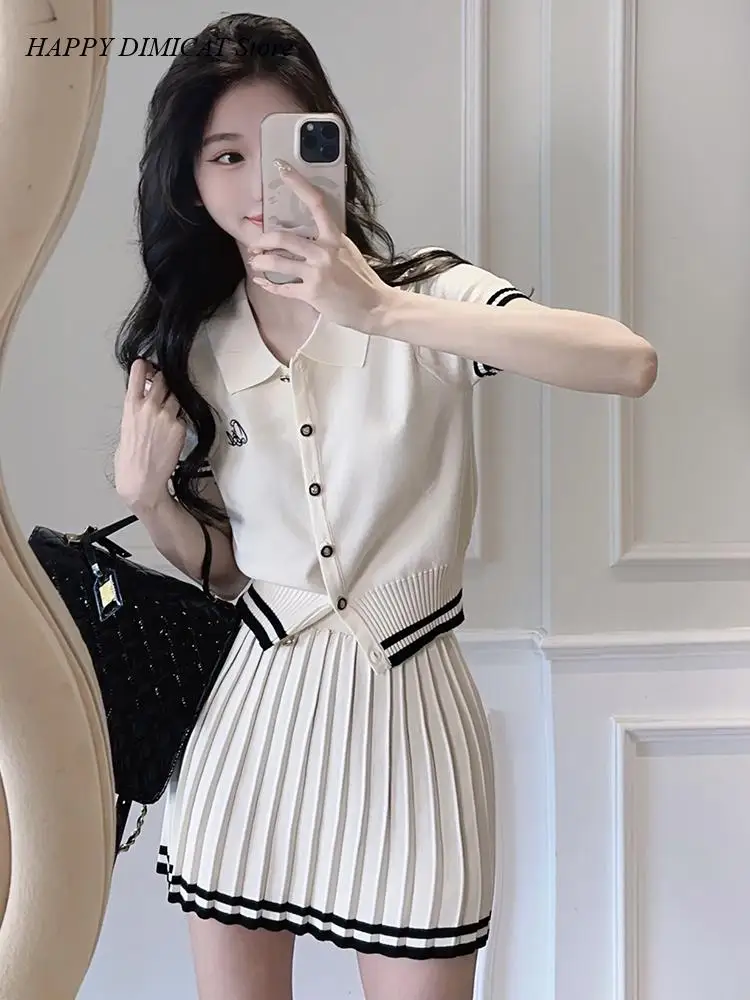 Summer Casual Streetwear Two Pieces Sets New Korea Fashion Stripe Knitted Suits Women Short Sleeves Top + Pleated A Line Skirt new pleated skirt sets women shirt sleeves print slim top matching a line skirts female fashion clothing summer