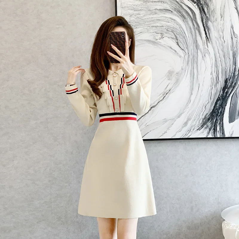 

Knitted Sweater Dress Women Clothes 2022 Autumn New Elegant Jacquard A Line Striped High Waist Dresses For Women Vestido XC089
