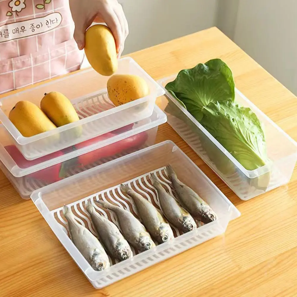 1Pcs with Lid Crisper Box Drain Layer Refrigerator Frozen Food Organizer Food Grade PP S/M/L Fish Meat Storage Box Kitchen