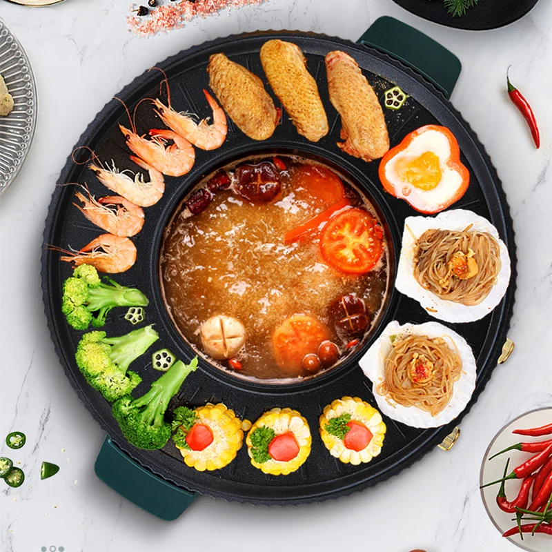 Korean-style Grill Pan Shabu-shabu Frying Pot Home Multi-functional Hot Pot Barbecue Integrated Pot Multicooker Electric Pot 2