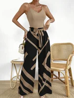 Ladies' Elegant Two-Piece Set: Solid Color Camisole and Printed Sash Wide-Leg Pants Set - Image 2