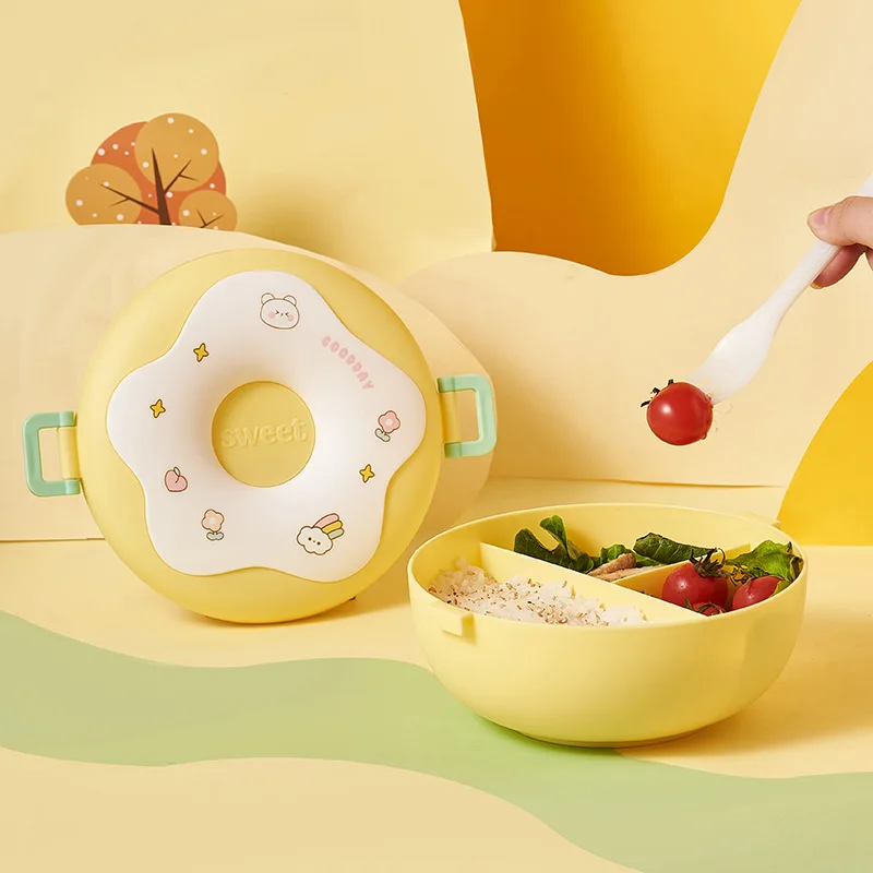 Lunch Box For Kid School Child Snack Box Donut Cartoon Leakproof Bento Box Lunch Bags With Fork Spoon 3 Compartment Microwavable - 5